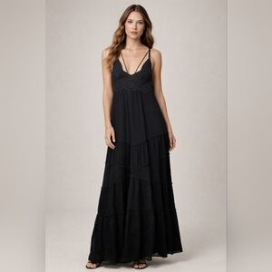 Sweet Lovely By Jen, Navy Maxi With Crochet Accents Dress, Adjustable Straps